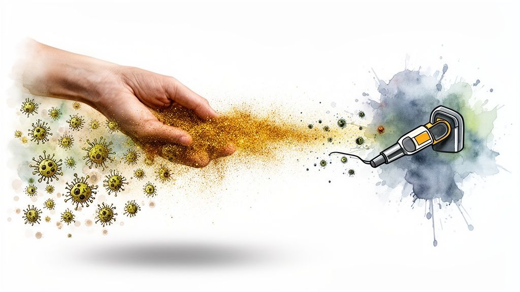 Illustration of a hand releasing viruses and golden particles, interacting with a cleaning device.
