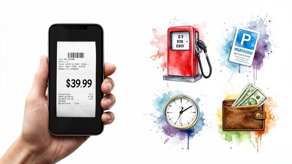 A hand holds a smartphone displaying a digital receipt, with icons for gas, parking, time, and money.