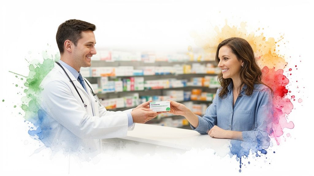 A smiling male pharmacist hands a medicine box to a happy female customer in a pharmacy.