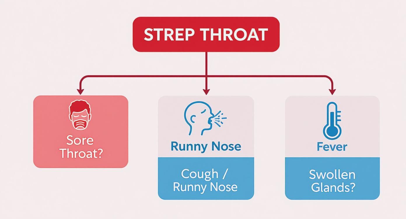 Diagram explaining Strep Throat symptoms including sore throat, runny nose, cough, fever, and swollen glands.