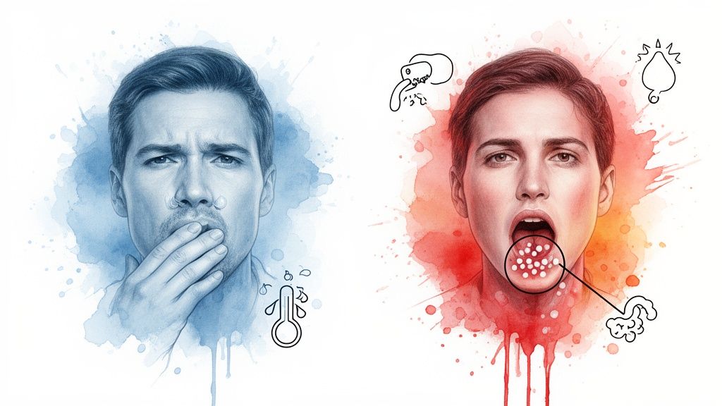 Illustration comparing a man with a cold (runny nose, fever) and a woman with strep throat (inflamed tonsils).