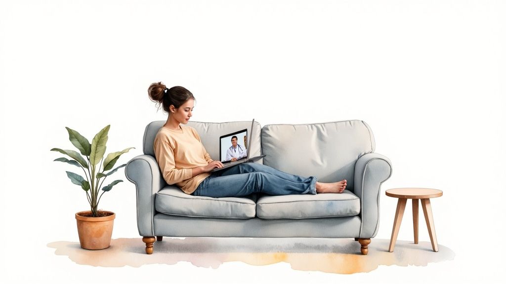 A woman relaxes on a couch, having a telemedicine consultation with a doctor on her laptop.