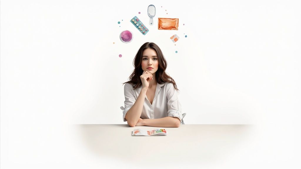 A thoughtful woman contemplating various contraceptive and personal care options illustrated above her.
