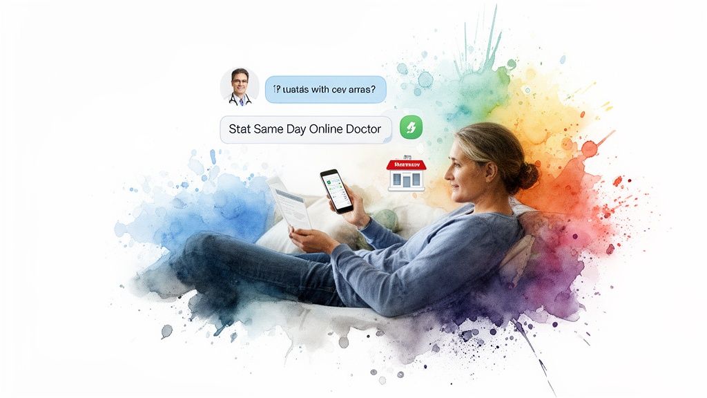 A woman reclines, using a smartphone for an online doctor consultation, with a pharmacy icon and chat bubbles.