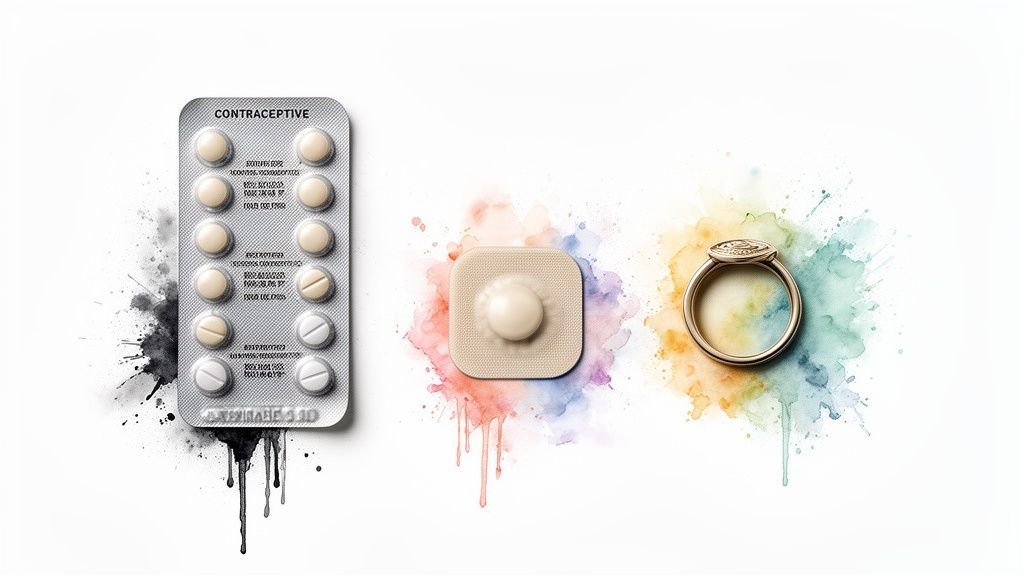 Three different birth control methods: pills, a patch, and a ring, on a watercolor-splattered white background.