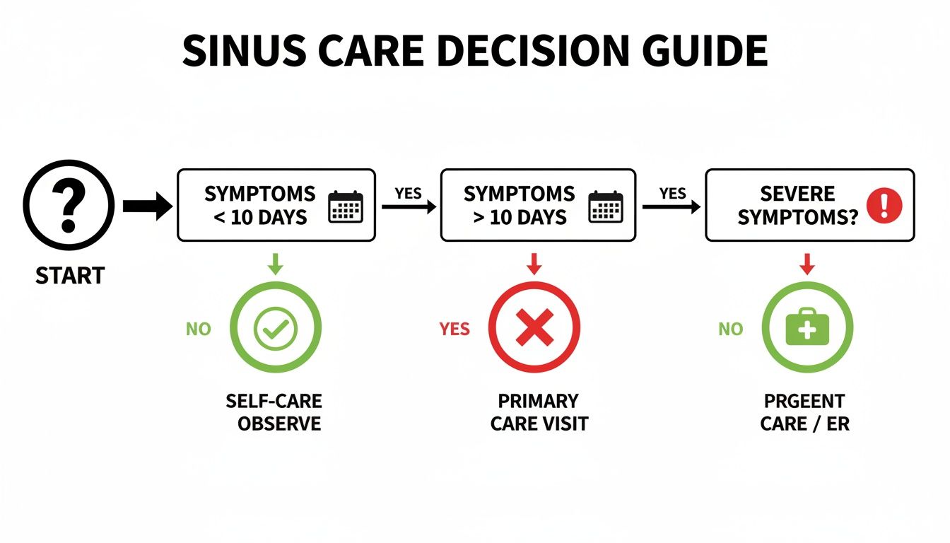 Flowchart for sinus care, guiding decisions based on symptom duration and severity.