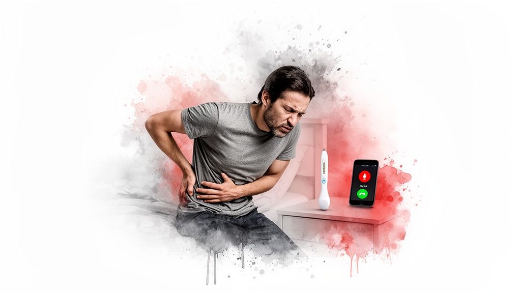 Man suffering from lower back pain with a smart medical device and phone.