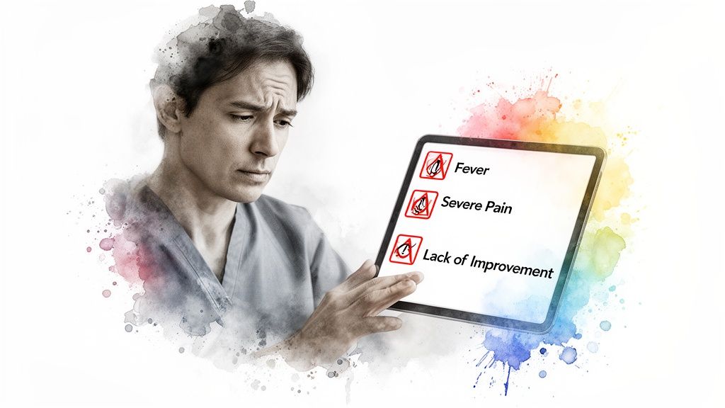 Concerned medical professional views a tablet with warning signs for fever, pain, and no improvement.