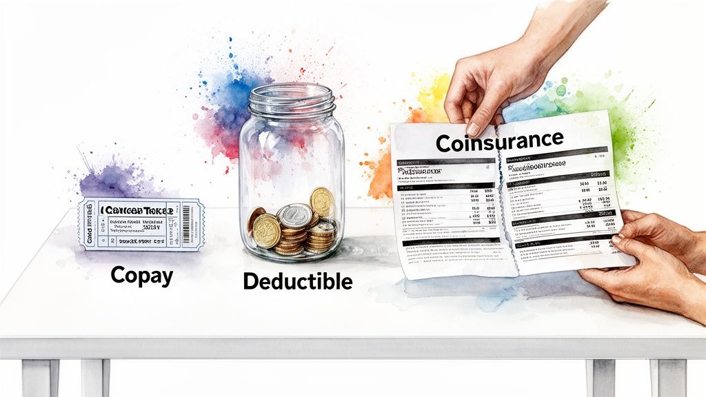 Watercolor illustration explaining health insurance terms: copay as a ticket, deductible as coins in a jar, and coinsurance as a document.