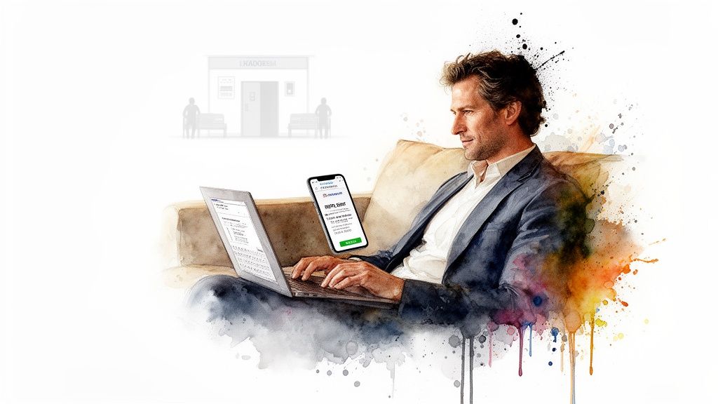 Man using laptop and smartphone with online prescription app, watercolor style.