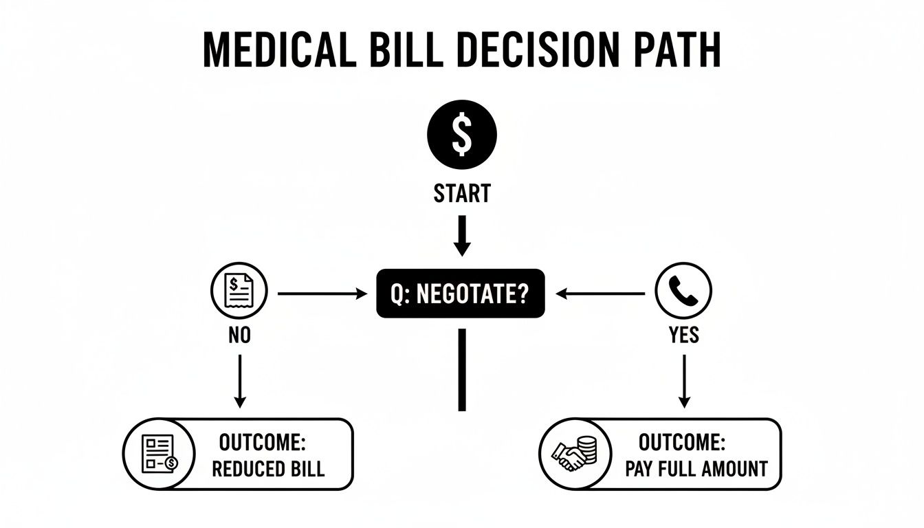 Flowchart illustrating a medical bill decision path: negotiate for a reduced bill or pay the full amount.