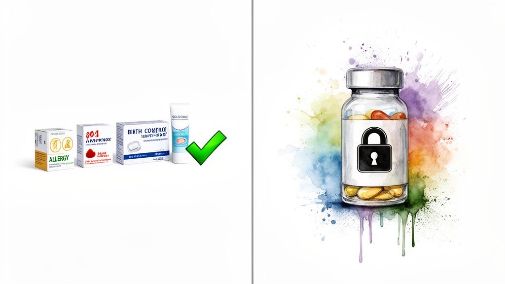 An image showing readily available medications on the left and a locked bottle of pills on the right, symbolizing restricted access.