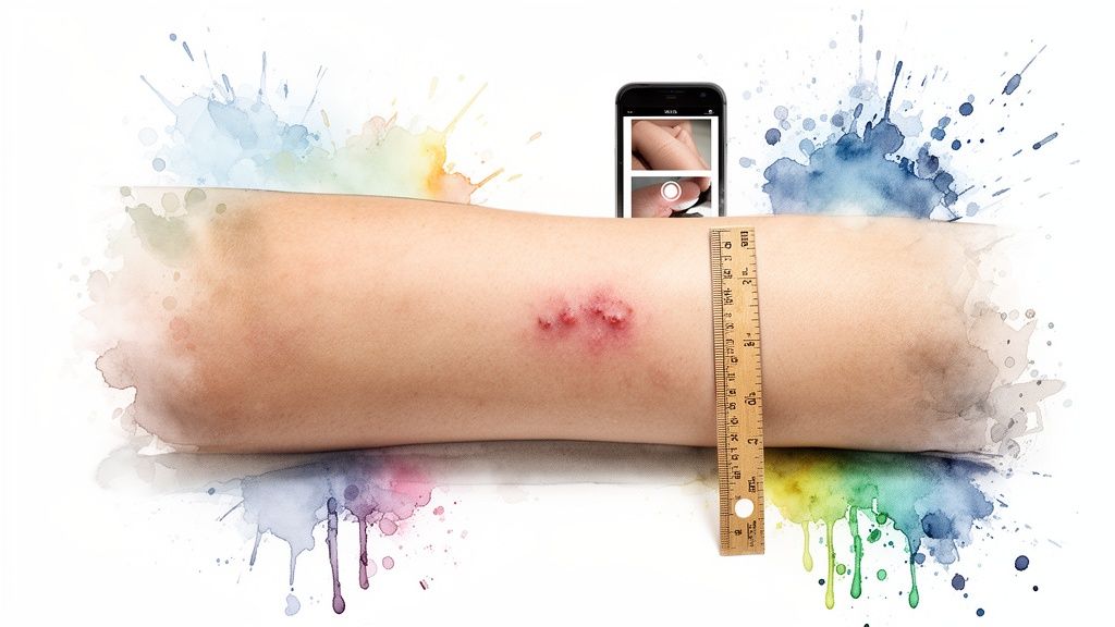 A person's forearm with a skin rash being measured by a ruler, next to a smartphone showing a skin image.