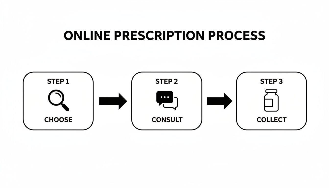 A diagram illustrates a three-step online prescription process: choose, consult, and collect medication.