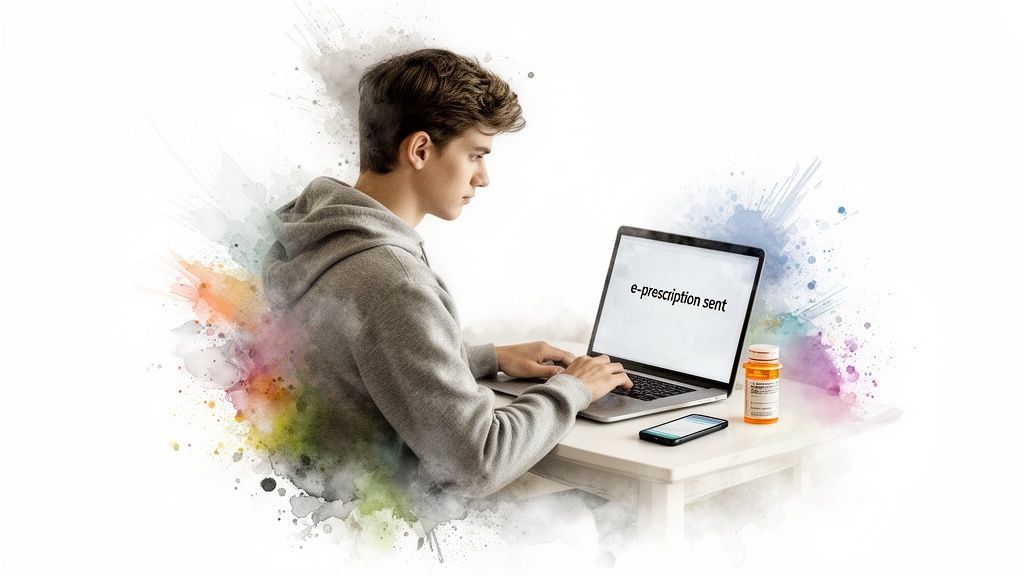 Young person sending an e-prescription on a laptop, with a smartphone and medication bottle on the desk.