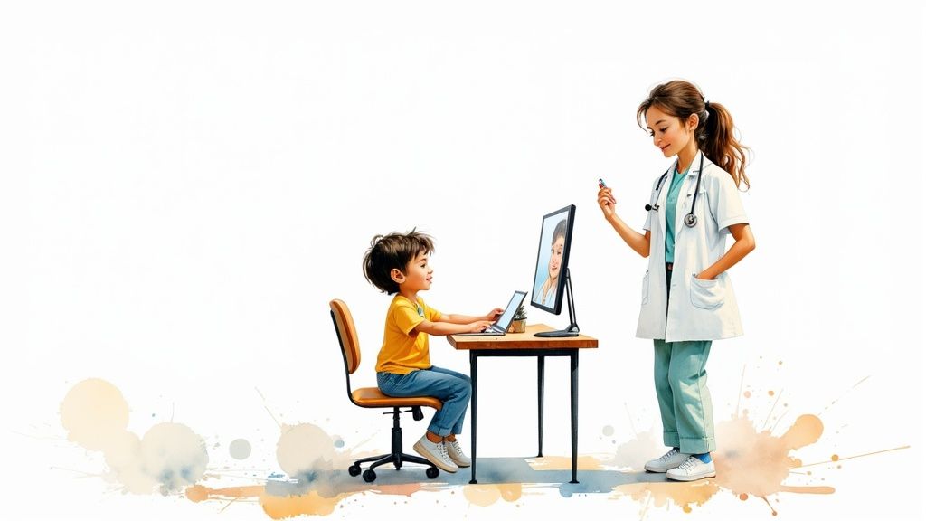 A young boy interacts with a laptop and monitor, while a doctor stands nearby, suggesting a virtual medical appointment.