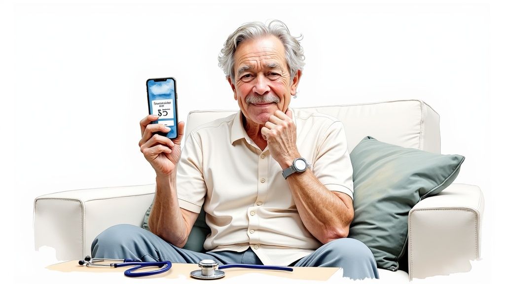 Smiling senior man on a couch holds a phone showing "$5" with a stethoscope nearby.