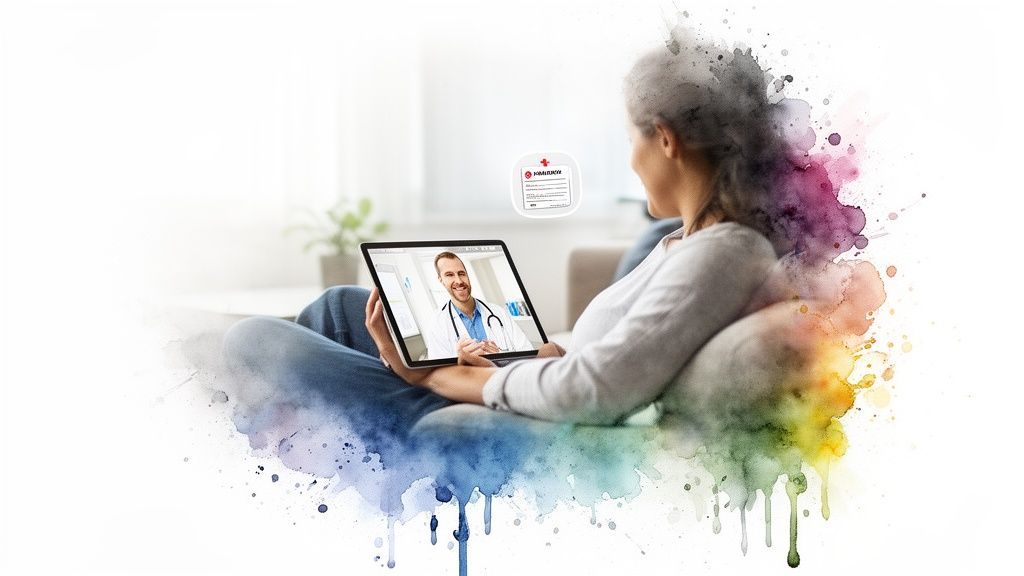 Woman on couch having a video consultation with a doctor on her tablet, showing telehealth.