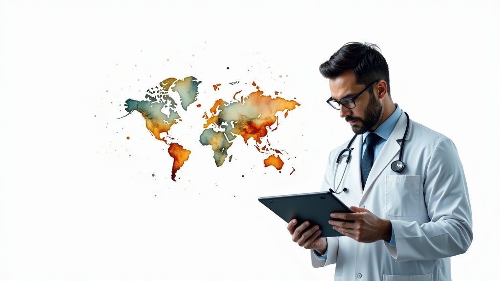 A doctor examines a tablet, with a watercolor world map in the background, symbolizing global health.