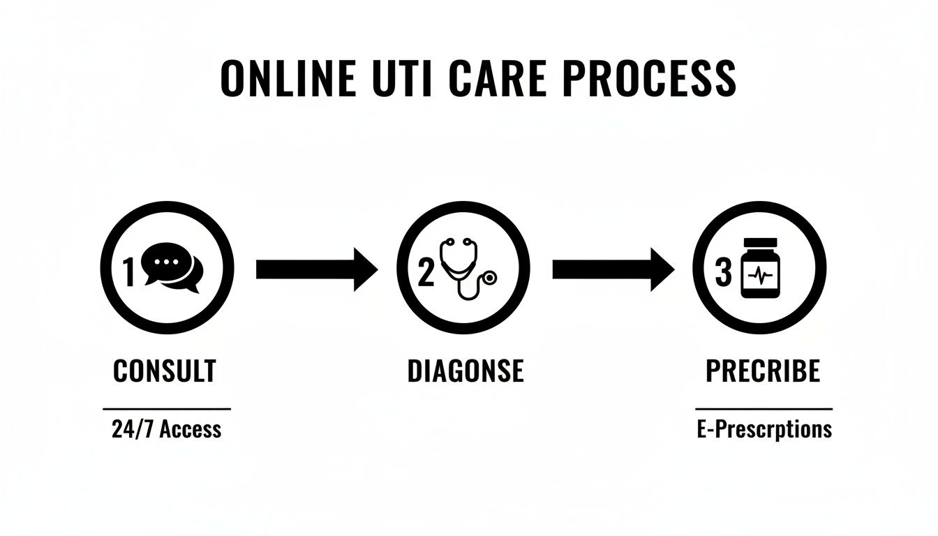 A three-step diagram illustrates the online UTI care process: consult, diagnose, and prescribe medication.