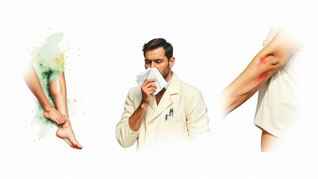 When to Go to Urgent Care A Clear Guide 3 A collage showing various health symptoms: irritated legs with green hues, a man sneezing, and a red rash on an arm.