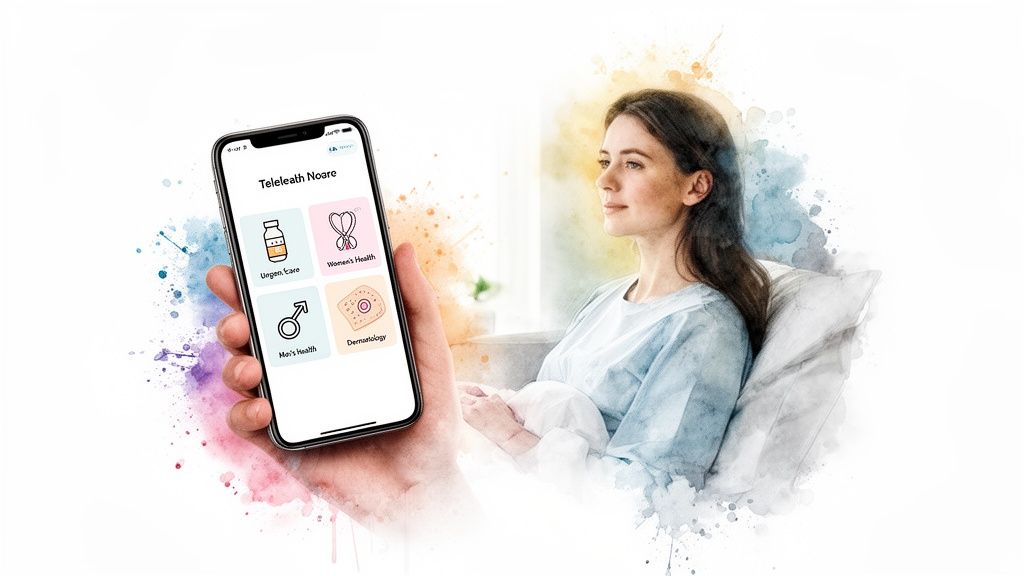 Hand holding smartphone with a telemedicine app, beside a woman in a patient gown.