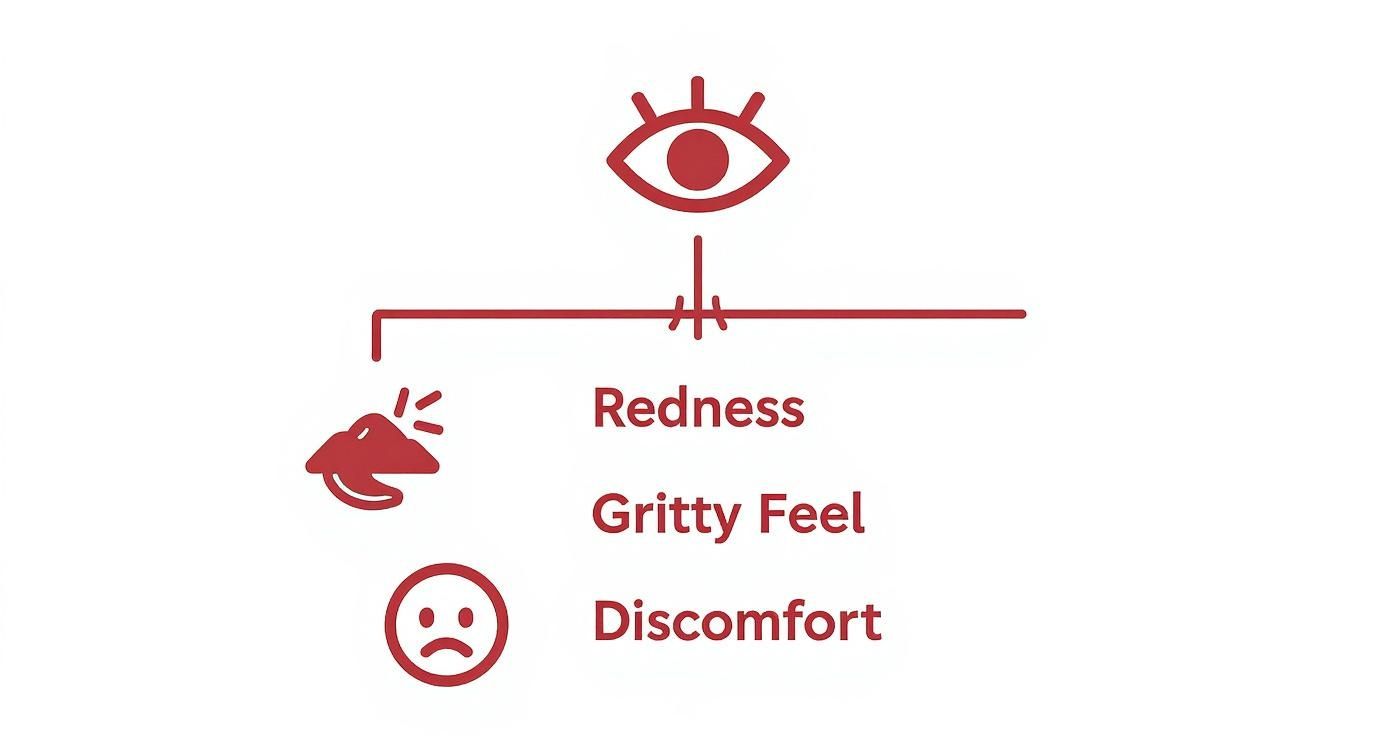 Infographic displaying common eye symptoms, including redness, gritty feel, and discomfort.