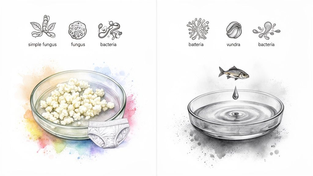 Illustrations of simple fungus, fungus, bacteria, kefir grains, underwear, a fish, and water.