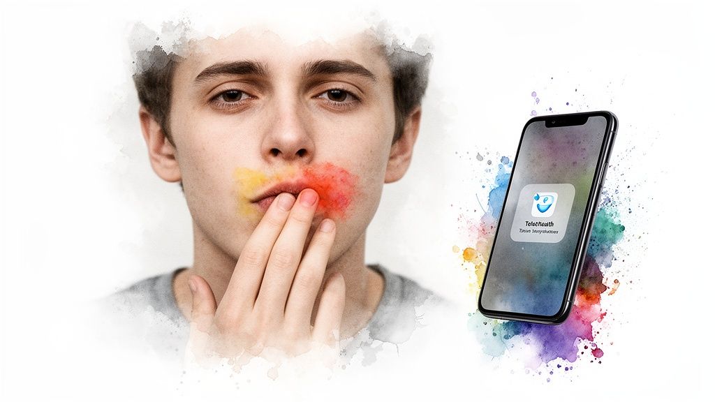 Young man with a cold sore, using a telehealth app on his smartphone for online treatment.