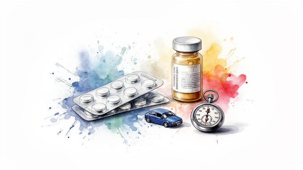 A watercolor illustration featuring medicine blisters, a vial, a stopwatch, and a small blue car, against colorful splatters.
