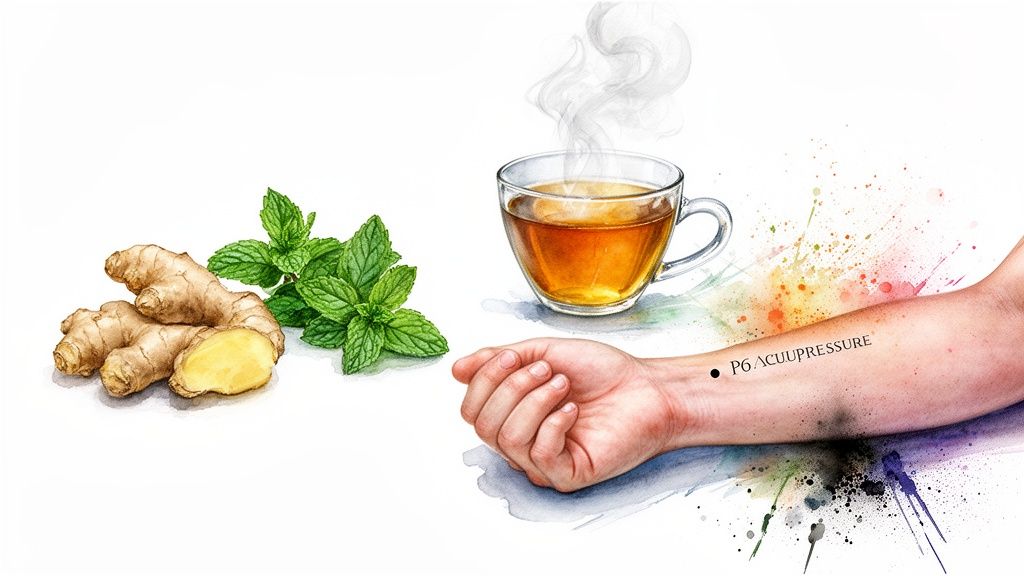 Ginger, mint leaves, hot tea, and an arm with P6 acupressure point, symbolizing natural nausea remedies.