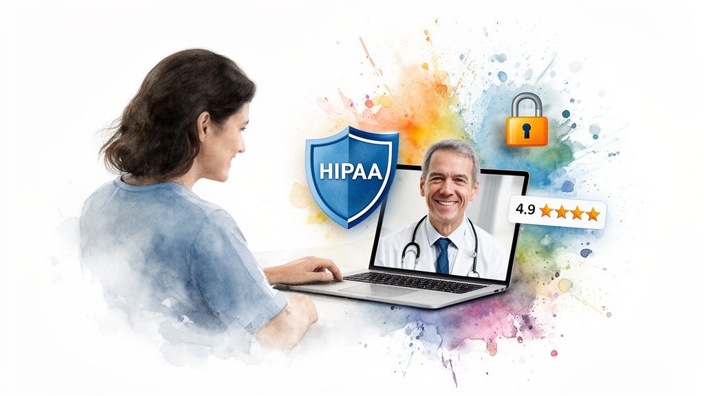 A woman consults a smiling doctor online via laptop, emphasizing HIPAA security and a 4.9-star rating.