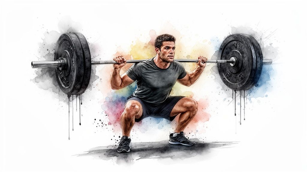 A fit man in a watercolor style performs a barbell squat with colorful paint splashes.