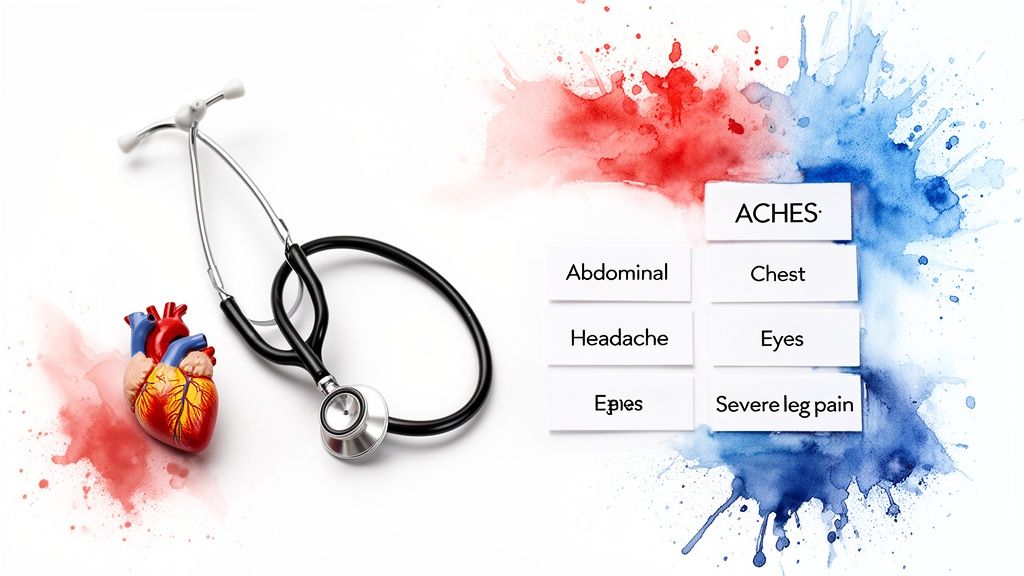 Stethoscope, heart model, and 'ACHES' mnemonic for side effects like abdominal, chest, headache, eyes, leg pain.
