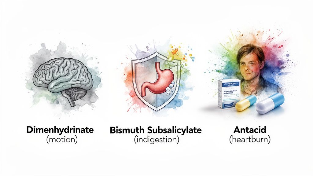 Three sections illustrate medicines: Dimenhydrinate for motion sickness, Bismuth Subsalicylate for indigestion, and Antacid for heartburn.