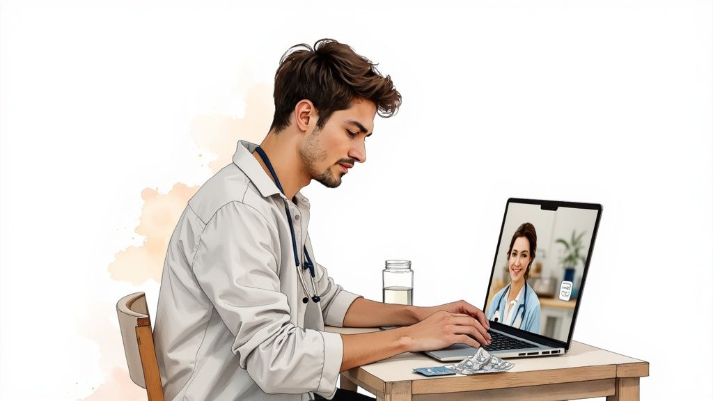 Male doctor typing on a laptop, video conferencing with a female doctor for a telehealth consultation.