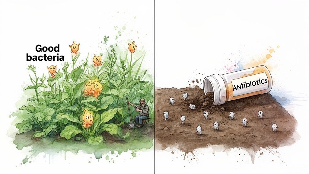 Illustration contrasting good bacteria thriving in lush plants with bad bacteria in soil after antibiotics.