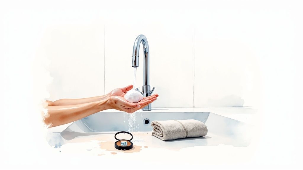 Hands washing under a running faucet, holding white lather, with a towel and makeup on the counter.
