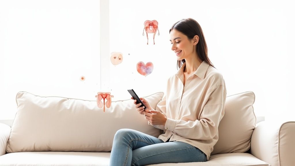 A smiling woman sits on a couch, using a smartphone with floating watercolor organ illustrations.