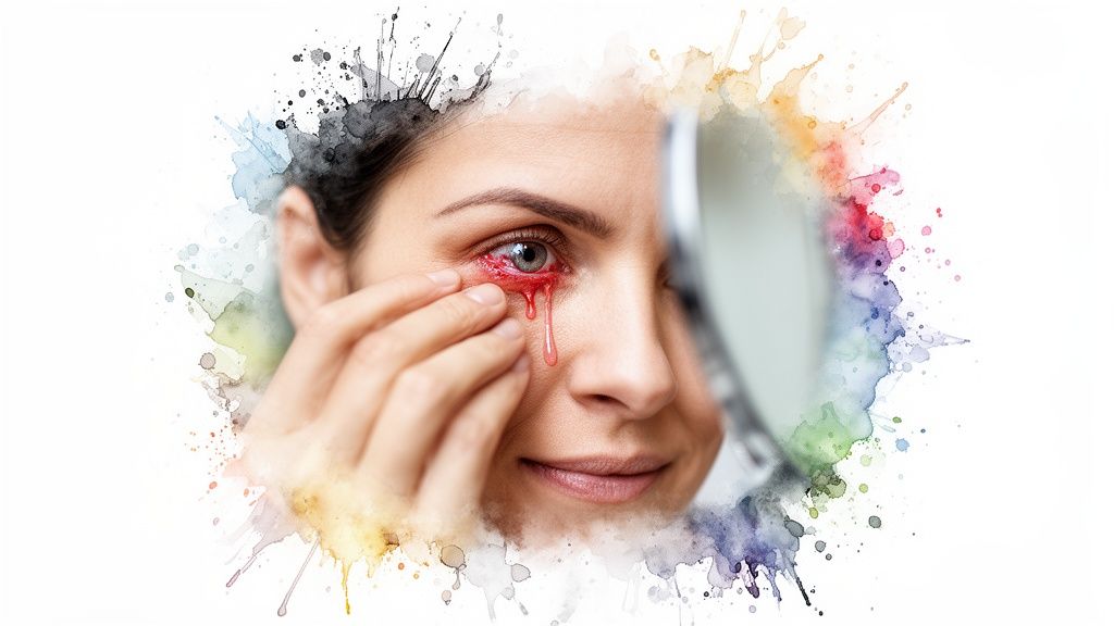 A woman with a severely red, bloodshot eye and red tears dripping, framed by colorful watercolor splashes.