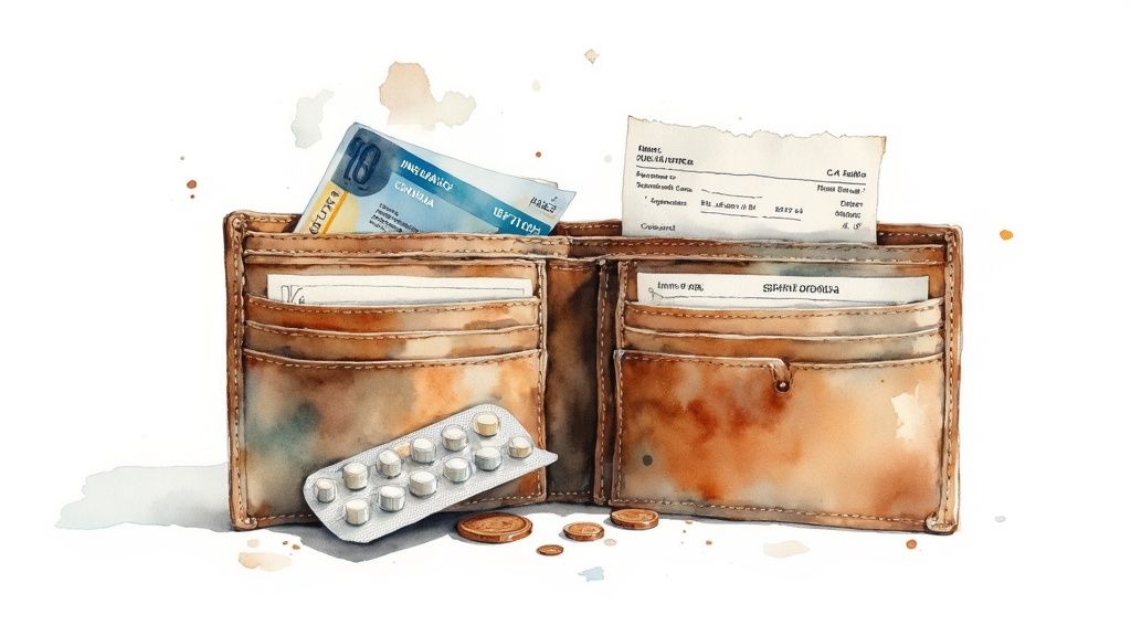 A brown watercolor wallet holds money, bills, pills, and coins on a white background.