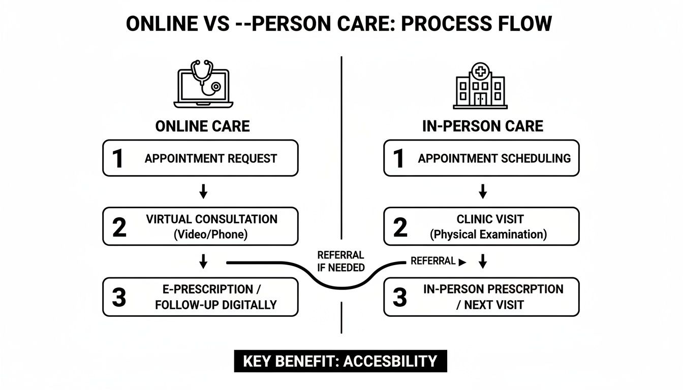 Process flow diagram comparing online and in-person healthcare, highlighting steps like appointments, consultations, and referrals.