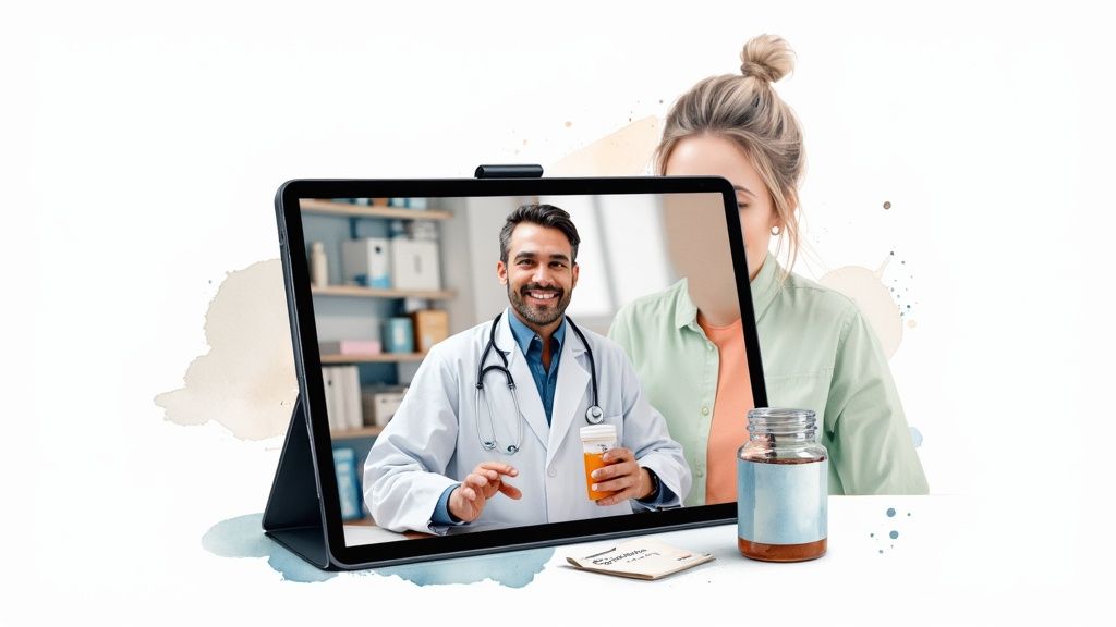 A smiling doctor on a tablet screen, consulting a woman for prescription refills via telemedicine.