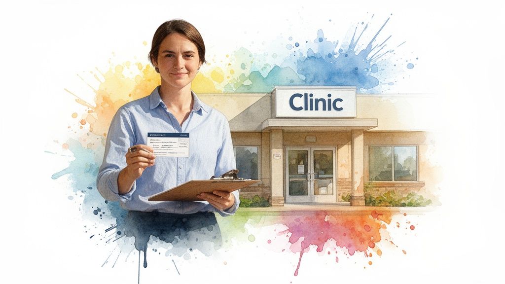 A smiling woman holds a prescription or ID card in front of a medical clinic with watercolor splashes.