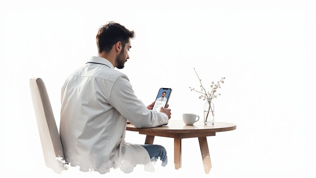 Young man in a white shirt having an online video consultation with a doctor on his smartphone.