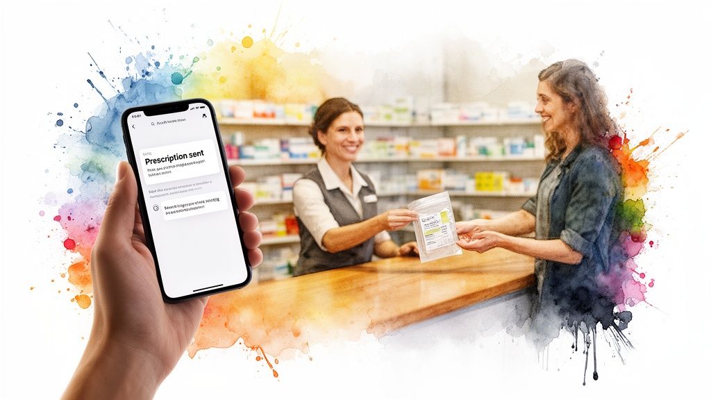 Hand holding smartphone with digital prescription confirmed, pharmacist hands medication to a smiling customer.