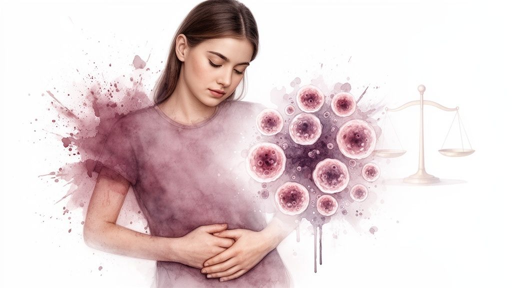 Watercolor illustration of a woman experiencing abdominal discomfort, surrounded by microbial cells and a balance scale.