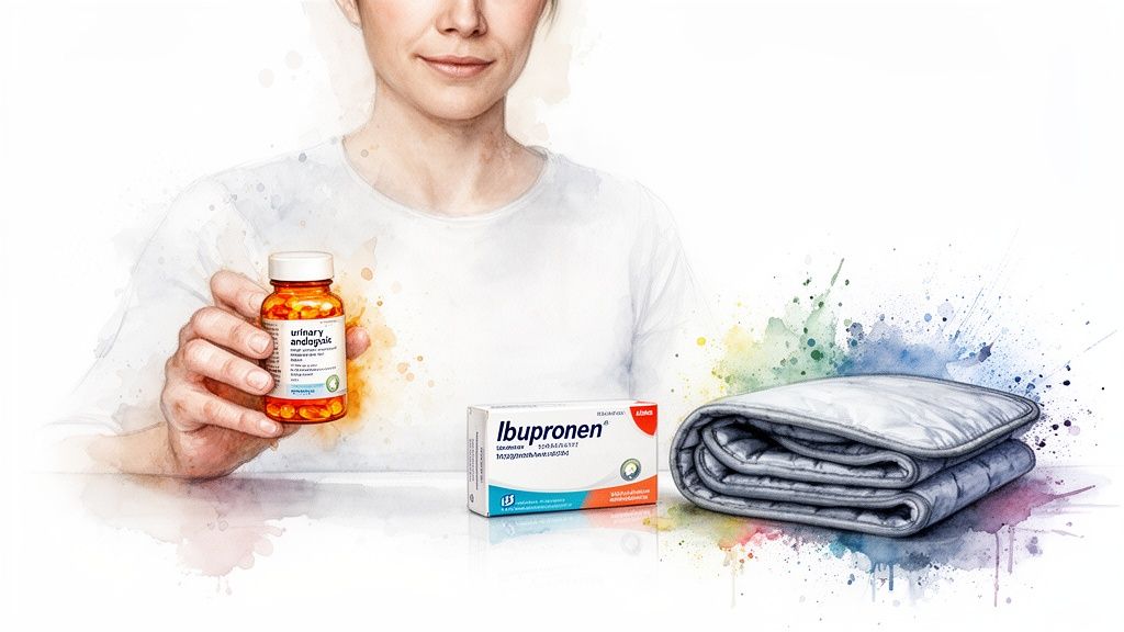 A woman holds a urinary analgesic bottle, with Ibupronene and a heating pad on a watercolor background.