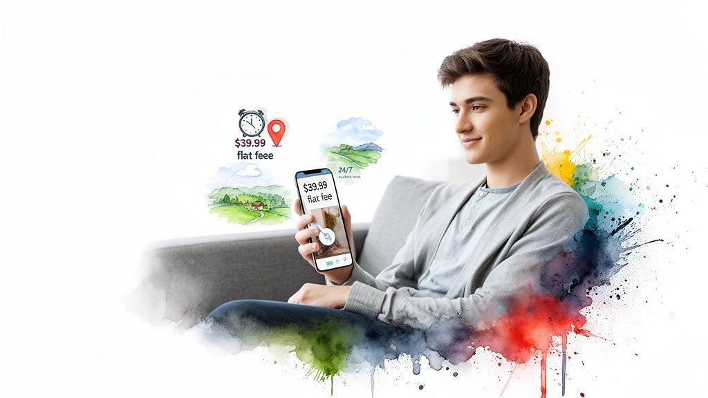 Young man using a smartphone displaying $39.99 flat fee, surrounded by service icons.