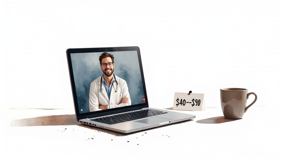 A laptop screen displays a smiling male doctor during a virtual telehealth visit, with a price tag and coffee mug beside it.